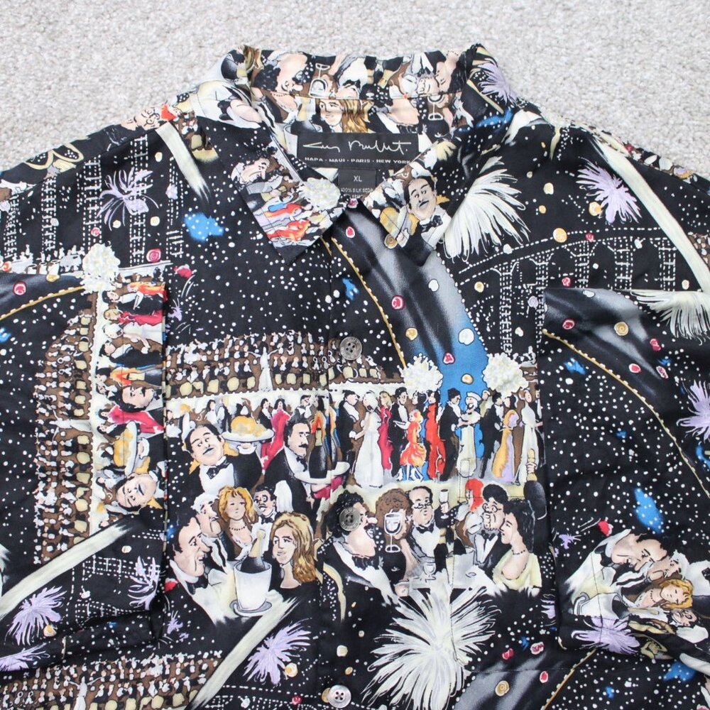 Guy Buffet Shirt Mens XL Black Hawaiian New Years Eve Scene Silk Short Sleeve